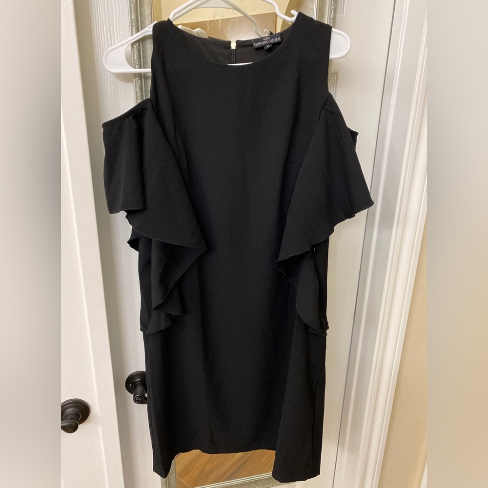 Formal black maternity dress, cold shoulder, side zippers for nursing